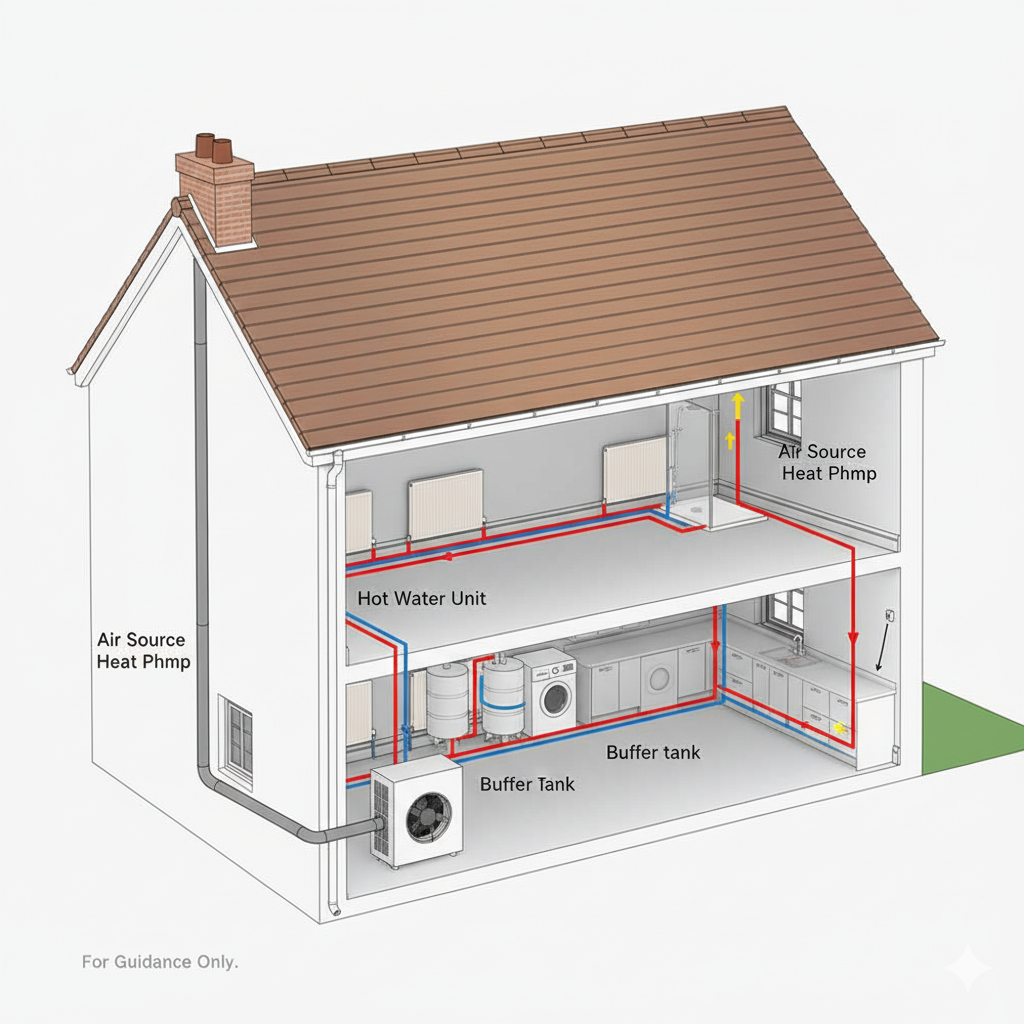 How a heat pump system works - technical diagram